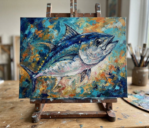 Ready to Hang Artwork, Bigeye Tuna Fish Painting, Original Acrylic Paintings, Small Art on Canvas, Heavy Texture Painting, Impasto Artwork, Hand Painted Canvas Art-ArtWorkCrafts.com