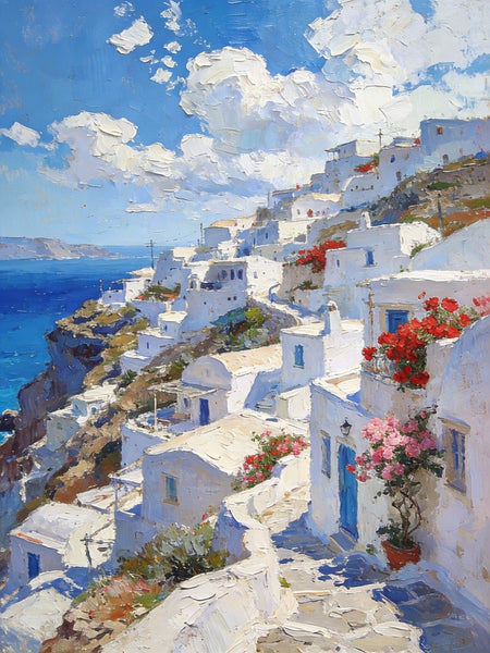 Cliffside Village, A Glimpse of the Aegean, Original Artwork Small Paintings, Hand Painted Canvas Art, On Canvas Small Paintings, Palette Knife Artwork, Landscape Canvas Paintings-ArtWorkCrafts.com