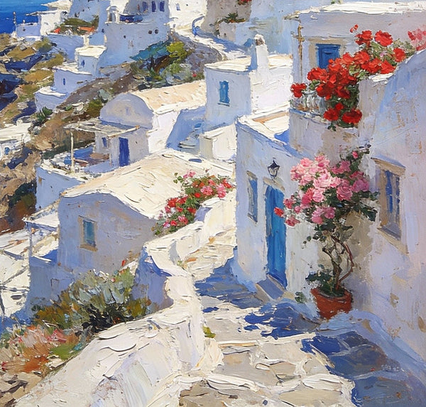 Cliffside Village, A Glimpse of the Aegean, Original Artwork Small Paintings, Hand Painted Canvas Art, On Canvas Small Paintings, Palette Knife Artwork, Landscape Canvas Paintings-ArtWorkCrafts.com