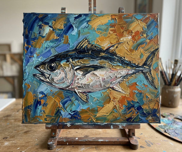 Original Acrylic Paintings, Ready to Hang Artwork, Bigeye Tuna Fish Painting, Small Art on Canvas, Heavy Texture Painting, Impasto Artwork, Hand Painted Canvas Art-ArtWorkCrafts.com