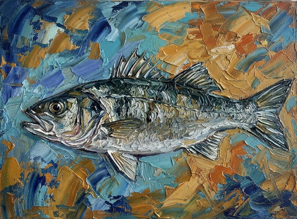 Original Acrylic Paintings, Small Art on Canvas, Sea Bass Fish Painting, Ready to Hang Artwork, Heavy Texture Painting, Impasto Artwork, Hand Painted Canvas Art-ArtWorkCrafts.com