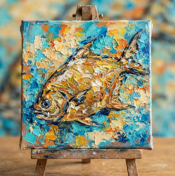 Golden Pomfret Fish Painting, Small Art on Canvas, Ready to Hang Artwork, Original Acrylic Paintings, Heavy Texture Painting, Impasto Artwork, Hand Painted Canvas Art-ArtWorkCrafts.com
