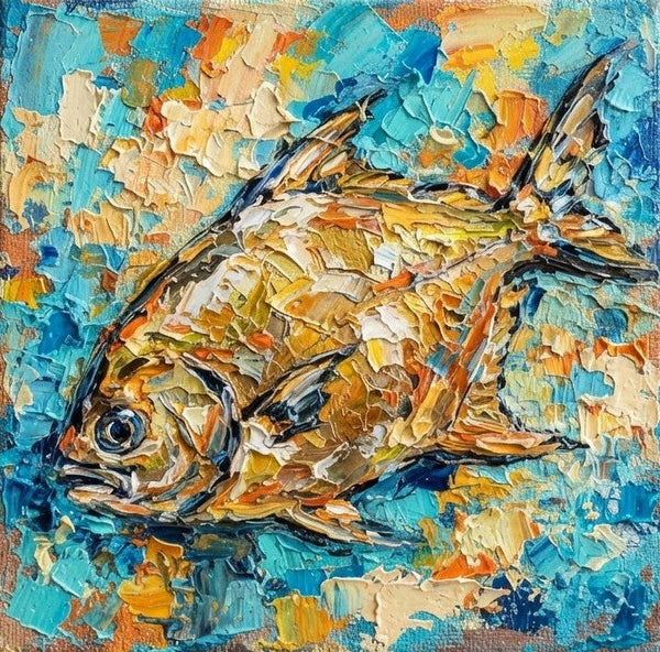 Golden Pomfret Fish Painting, Small Art on Canvas, Ready to Hang Artwork, Original Acrylic Paintings, Heavy Texture Painting, Impasto Artwork, Hand Painted Canvas Art-ArtWorkCrafts.com