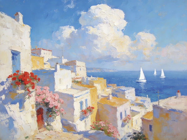 Small Paintings On Canvas, Coastal Santorini, A Vibrant Scene with Sailboats and Villages, Simple Painting Ideas, Hand Painted Wall Art, Small Wall Paintings, Landscape Canvas Paintings-ArtWorkCrafts.com