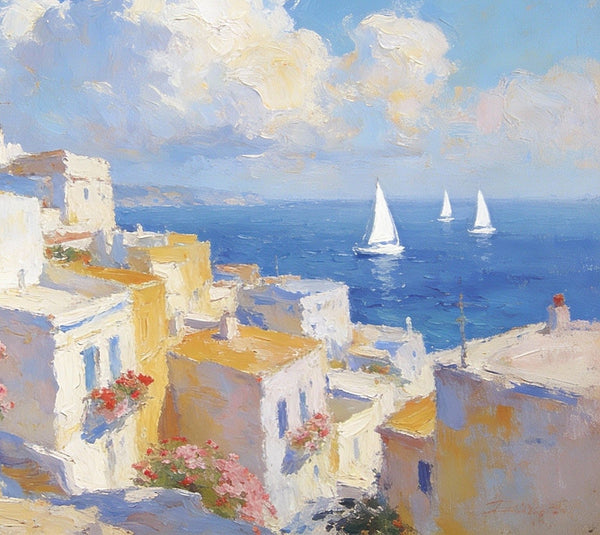 Small Paintings On Canvas, Coastal Santorini, A Vibrant Scene with Sailboats and Villages, Simple Painting Ideas, Hand Painted Wall Art, Small Wall Paintings, Landscape Canvas Paintings-ArtWorkCrafts.com