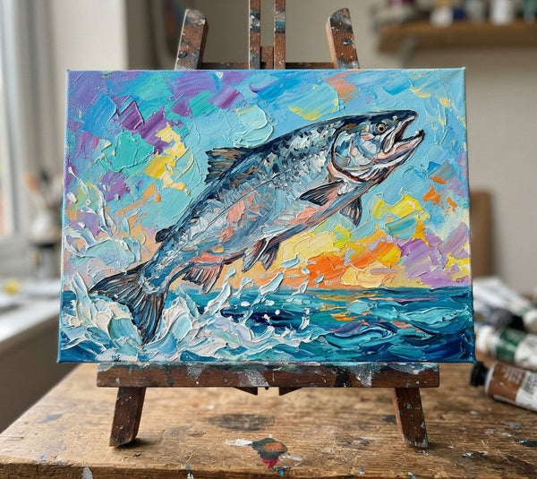 Original Acrylic Paintings, Small Art on Canvas, Salmon Fish Painting, Ready to Hang Artwork, Heavy Texture Painting, Impasto Artwork, Hand Painted Canvas Art-ArtWorkCrafts.com