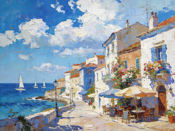 Serene Town by the Sea, A Colorful Coastal Landscape, Hand Painted Canvas Art, On Canvas Small Paintings, Small Landscape Paintings, Landscape Wall Art Paintings, Original Oil Paintings-ArtWorkCrafts.com