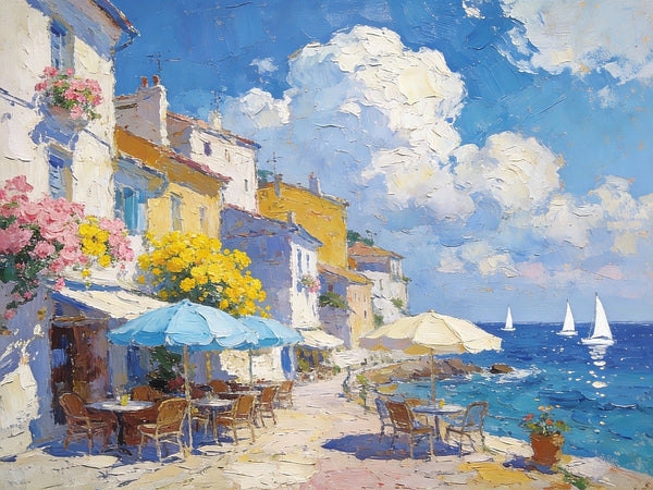Small Paintings on Canvas, A Seaside Cafe, Summer Resort, Hand Painted Canvas Art, Impasto Artwork, Original Oil Paintings, Small Landscape Paintings on Wall-ArtWorkCrafts.com