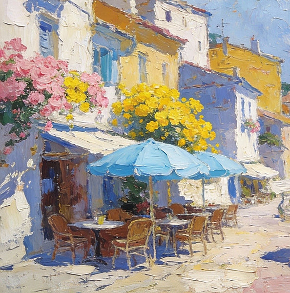 Small Paintings on Canvas, A Seaside Cafe, Summer Resort, Hand Painted Canvas Art, Impasto Artwork, Original Oil Paintings, Small Landscape Paintings on Wall-ArtWorkCrafts.com