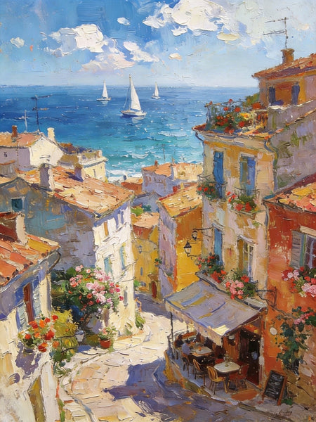 Impasto Wall Art Paintings, A Leisurely Town by the Mediterranean, Landscape Oil Paintings, Original Small Paintings on Canvas, Heavy Texture Oil Paintings, On Canvas Small Paintings-ArtWorkCrafts.com