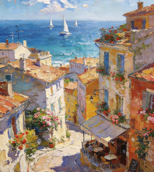 Impasto Wall Art Paintings, A Leisurely Town by the Mediterranean, Landscape Oil Paintings, Original Small Paintings on Canvas, Heavy Texture Oil Paintings, On Canvas Small Paintings-ArtWorkCrafts.com