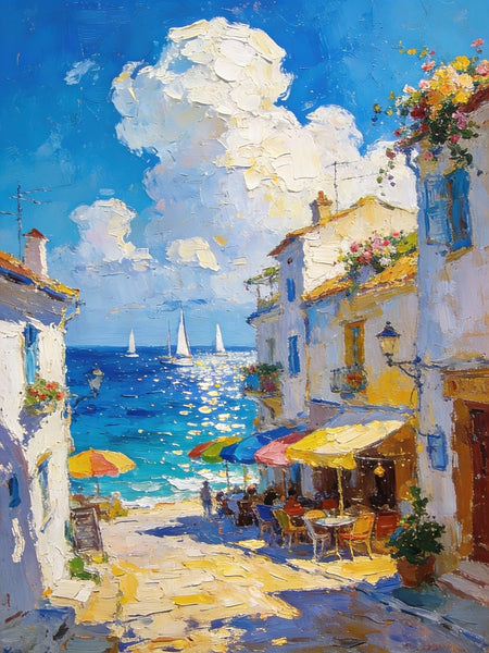 Small Paintings On Canvas, Vibrant Coastal Village, Colorful Houses by the Sea, Hand Painted Canvas Art, Landscape Oil Paintings, Original Artwork Small Paintings on Wall-ArtWorkCrafts.com