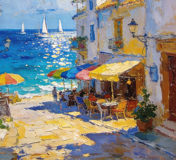 Small Paintings On Canvas, Vibrant Coastal Village, Colorful Houses by the Sea, Hand Painted Canvas Art, Landscape Oil Paintings, Original Artwork Small Paintings on Wall-ArtWorkCrafts.com