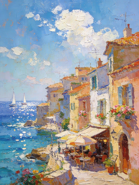 Seaside Cafe Days, Summer Resort, Landscape Oil Paintings, Impasto Wall Art Paintings, Original Small Paintings on Canvas, Heavy Texture Oil Paintings, On Canvas Small Paintings-ArtWorkCrafts.com