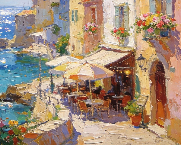 Seaside Cafe Days, Summer Resort, Landscape Oil Paintings, Impasto Wall Art Paintings, Original Small Paintings on Canvas, Heavy Texture Oil Paintings, On Canvas Small Paintings-ArtWorkCrafts.com