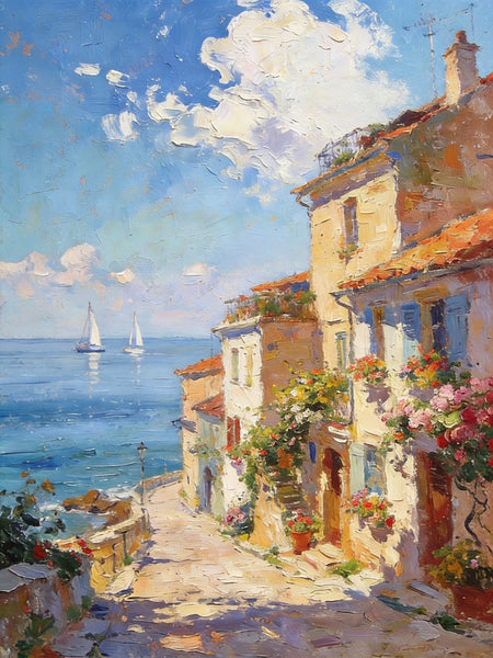 On Canvas Small Paintings, Sunlit Coastal Town, Flower-Adorned Streets and Sailboats, Hand Painted Canvas Art, Original Artwork Small Paintings on Wall, Landscape Oil Paintings-ArtWorkCrafts.com