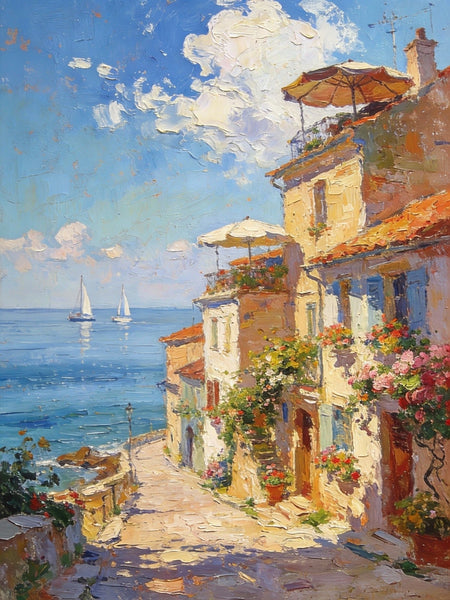 On Canvas Small Paintings, Sunlit Coastal Town, Flower-Adorned Streets and Sailboats, Hand Painted Canvas Art, Original Artwork Small Paintings on Wall, Landscape Oil Paintings-ArtWorkCrafts.com