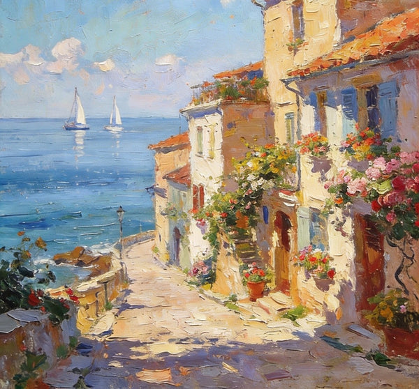 On Canvas Small Paintings, Sunlit Coastal Town, Flower-Adorned Streets and Sailboats, Hand Painted Canvas Art, Original Artwork Small Paintings on Wall, Landscape Oil Paintings-ArtWorkCrafts.com