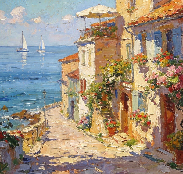 On Canvas Small Paintings, Sunlit Coastal Town, Flower-Adorned Streets and Sailboats, Hand Painted Canvas Art, Original Artwork Small Paintings on Wall, Landscape Oil Paintings-ArtWorkCrafts.com