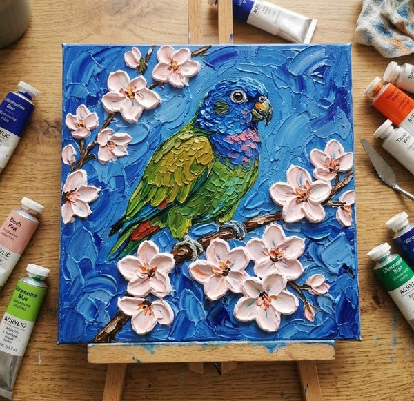 Parrot Bird Painting, Small Art on Canvas, Heavy Texture Painting, Ready to Hang Painting, Impasto Artwork, Original Acrylic Paintings, Hand Painted Canvas Art-ArtWorkCrafts.com