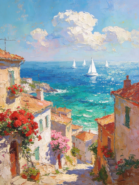 Coastal Town with Sailboats, A Vibrant Mediterranean Scene, Original Artwork Small Paintings, Hand Painted Canvas Art, Heavy Texture Wall Art Paintings, On Canvas Small Paintings-ArtWorkCrafts.com