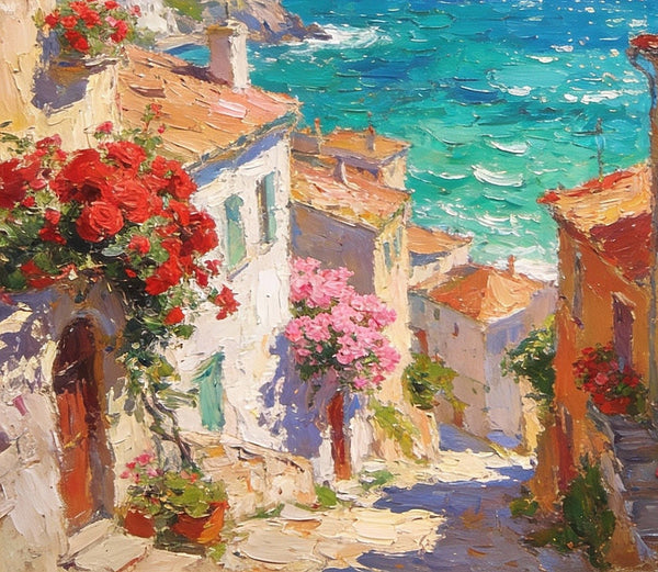 Coastal Town with Sailboats, A Vibrant Mediterranean Scene, Original Artwork Small Paintings, Hand Painted Canvas Art, Heavy Texture Wall Art Paintings, On Canvas Small Paintings-ArtWorkCrafts.com