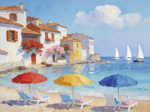 Landscape Oil Paintings, Coastal Town with Colorful Umbrellas, Small Paintings on Canvas, Original Canvas Paintings, Heavy Texture Artwork, Hand Painted Wall Art-ArtWorkCrafts.com