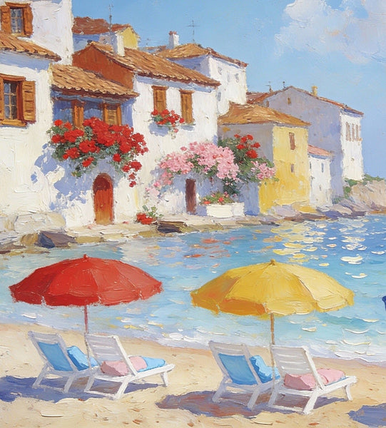 Landscape Oil Paintings, Coastal Town with Colorful Umbrellas, Small Paintings on Canvas, Original Canvas Paintings, Heavy Texture Artwork, Hand Painted Wall Art-ArtWorkCrafts.com