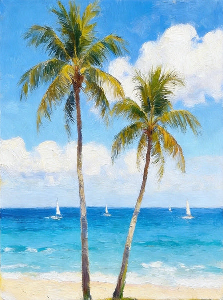 Original Seascape Paintings, Blue Sea and Coconut Trees, Hand Painted Canvas Art, Small Canvas Artwork, Original Oil Paintings, Buy Small Paintings Online-ArtWorkCrafts.com