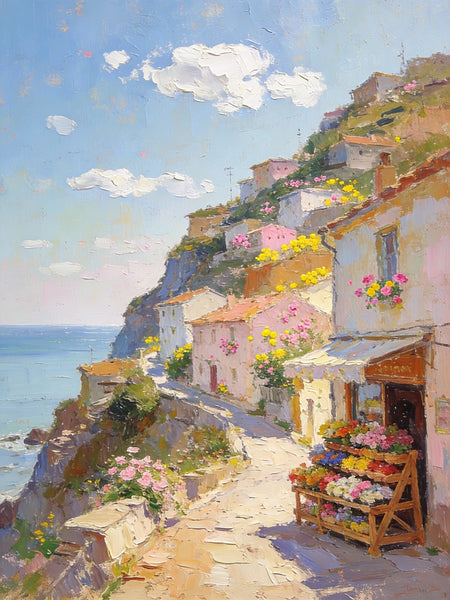 Sunlit Cliffside Town, Flowers, Houses, and Ocean Views, Original Artwork Small Paintings, Hand Painted Canvas Art, On Canvas Small Paintings, Palette Knife Artwork, Landscape Artwork, Canvas Paintings-ArtWorkCrafts.com