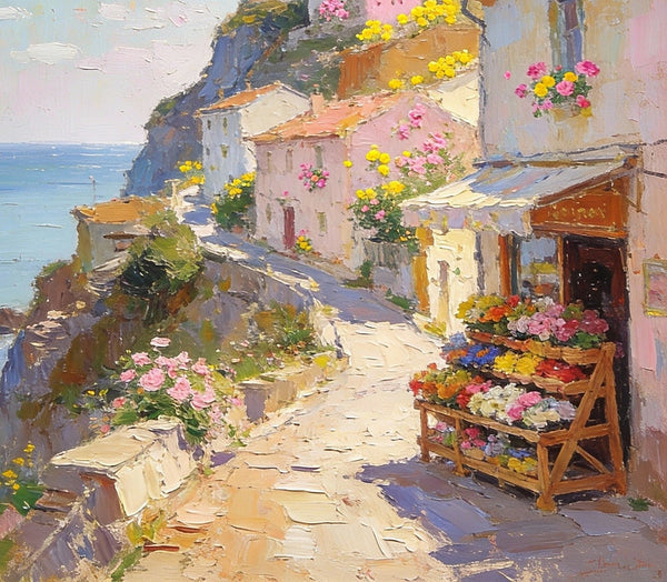 Sunlit Cliffside Town, Flowers, Houses, and Ocean Views, Original Artwork Small Paintings, Hand Painted Canvas Art, On Canvas Small Paintings, Palette Knife Artwork, Landscape Artwork, Canvas Paintings-ArtWorkCrafts.com