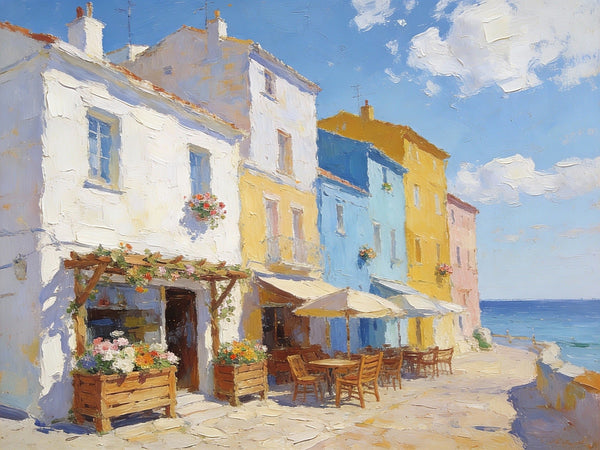 On Canvas Small Paintings, European Street Cafe, Colorful Buildings by the Sea, Simple Painting Ideas, Hand Painted Wall Art, Small Wall Paintings, Landscape Canvas Paintings-ArtWorkCrafts.com