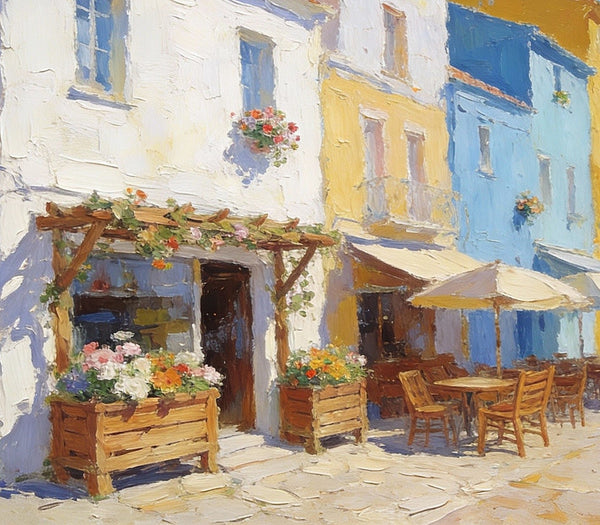On Canvas Small Paintings, European Street Cafe, Colorful Buildings by the Sea, Simple Painting Ideas, Hand Painted Wall Art, Small Wall Paintings, Landscape Canvas Paintings-ArtWorkCrafts.com