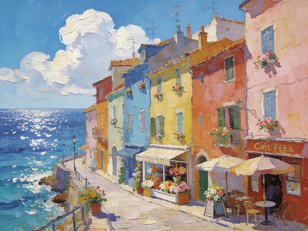 Flower Shop by the Mediterranean, Summer Resort, Hand Painted Canvas Art, Small Landscape Paintings, Original Oil Paintings, Small Wall Art Paintings, Small Paintings on Canvas-ArtWorkCrafts.com
