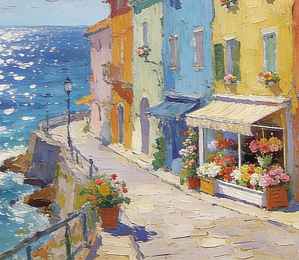 Flower Shop by the Mediterranean, Summer Resort, Hand Painted Canvas Art, Small Landscape Paintings, Original Oil Paintings, Small Wall Art Paintings, Small Paintings on Canvas-ArtWorkCrafts.com