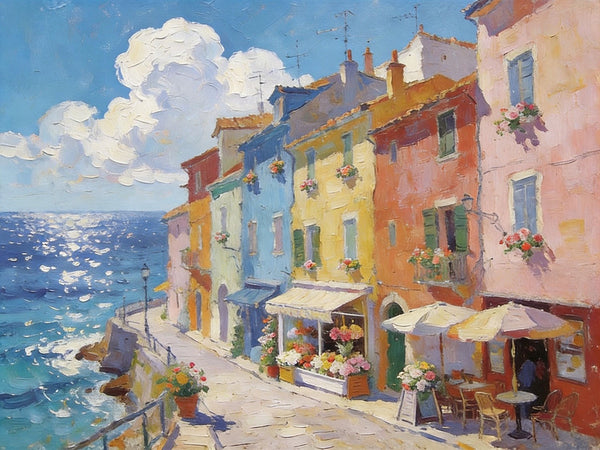 Flower Shop by the Mediterranean, Summer Resort, Hand Painted Canvas Art, Small Landscape Paintings, Original Oil Paintings, Small Wall Art Paintings, Small Paintings on Canvas-ArtWorkCrafts.com