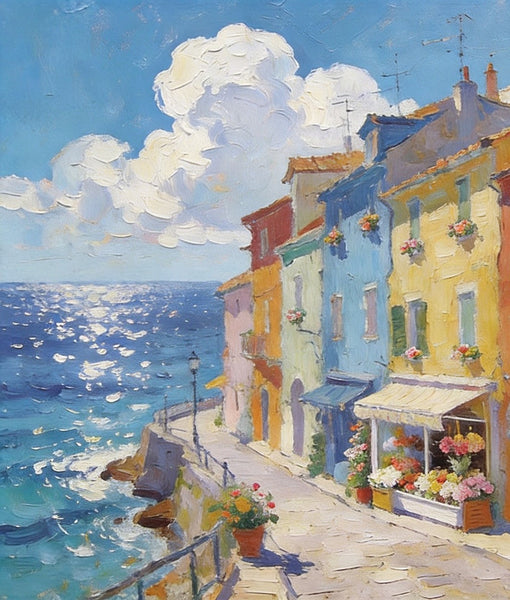 Flower Shop by the Mediterranean, Summer Resort, Hand Painted Canvas Art, Small Landscape Paintings, Original Oil Paintings, Small Wall Art Paintings, Small Paintings on Canvas-ArtWorkCrafts.com