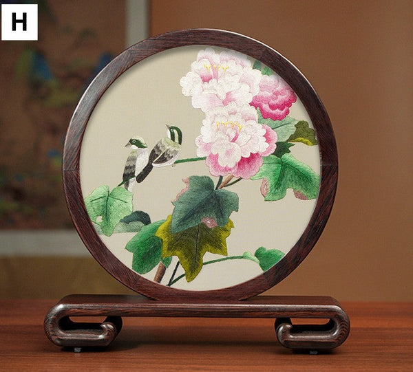 Traditional Chinese Suzhou Silk Embroidered Ornament, Premium Souvenir, Exclusive Business Presents, Creative Birthday Gift, Flower and Birds Embroidery Ornaments-ArtWorkCrafts.com
