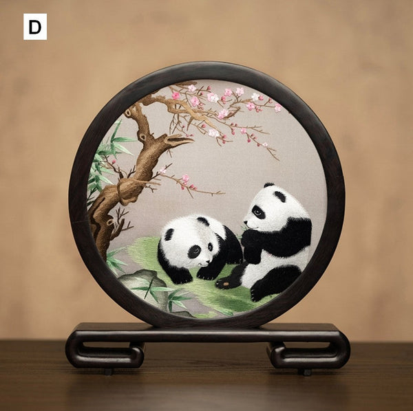 Unique Birthday Gift, Exclusive Business Present Panda Embroidered Decor, Traditional Chinese Suzhou Embroidery Ornament, Premium Souvenir-ArtWorkCrafts.com