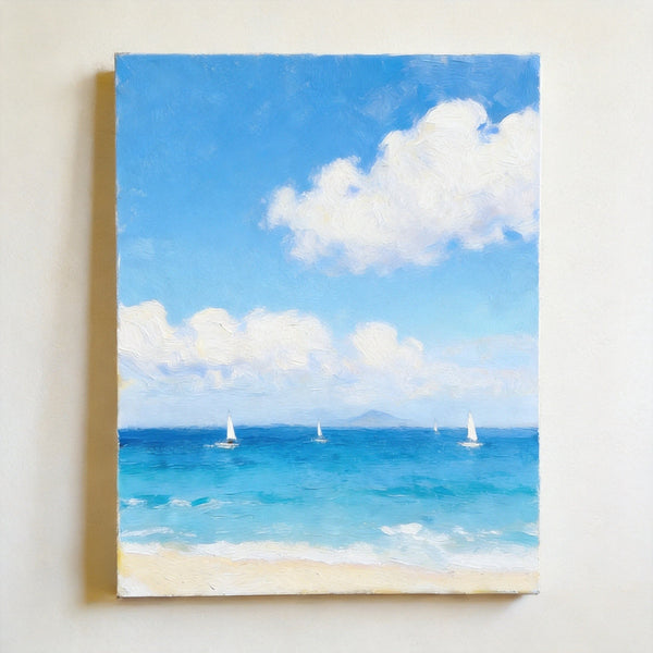 Peaceful Seashore, Sailing Boats at Sea, Hand Painted Canvas Art, Original Landscape Paintings, Small Canvas Wall Art Paintings, Original Oil Paintings, Buy Small Paintings Online-ArtWorkCrafts.com