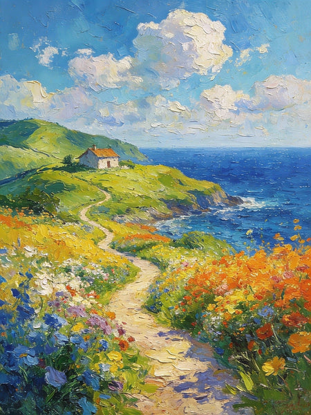 On Canvas Small Paintings, A Cottage by the Azure Sea, Hand Painted Canvas Art, Original Artwork Small Paintings on Wall, Landscape Oil Paintings-ArtWorkCrafts.com