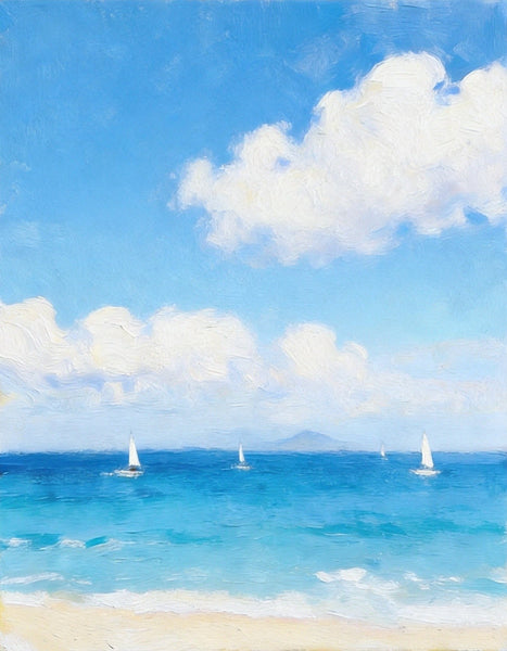 Peaceful Seashore, Sailing Boats at Sea, Hand Painted Canvas Art, Original Landscape Paintings, Small Canvas Wall Art Paintings, Original Oil Paintings, Buy Small Paintings Online-ArtWorkCrafts.com