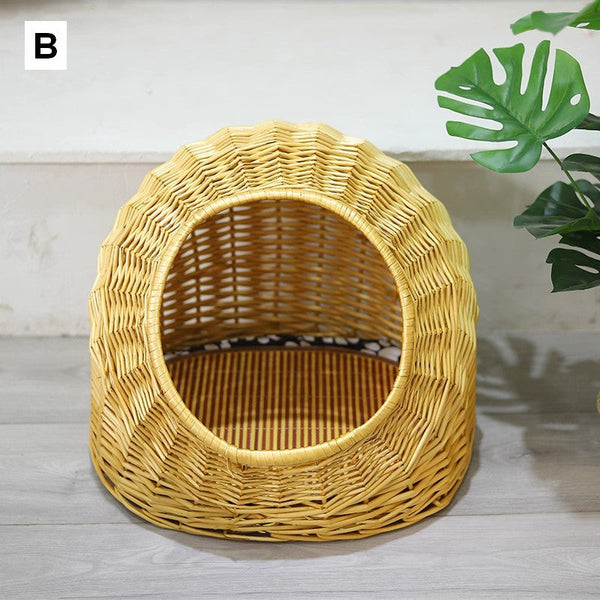 Natural Wicker Cat House Basket with Washable Cushion for Indoor Cats and Dogs, Rattan Cat Bed-ArtWorkCrafts.com