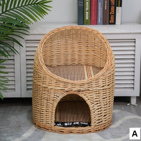 Large Cat House Basket with Washable Cushion for Indoor Cats and Dogs, Double-Layer Cat Bed-ArtWorkCrafts.com