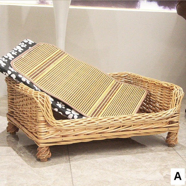 Large Natural Wicker Dog Bed with Washable Cushion for Indoor Cats and Dogs, Hand Woven Rattan Cat Beds-ArtWorkCrafts.com