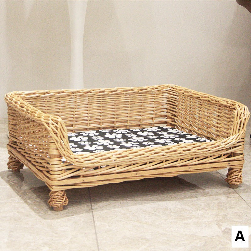 Large Natural Wicker Dog Bed with Washable Cushion for Indoor Cats and Dogs, Hand Woven Rattan Cat Beds-ArtWorkCrafts.com