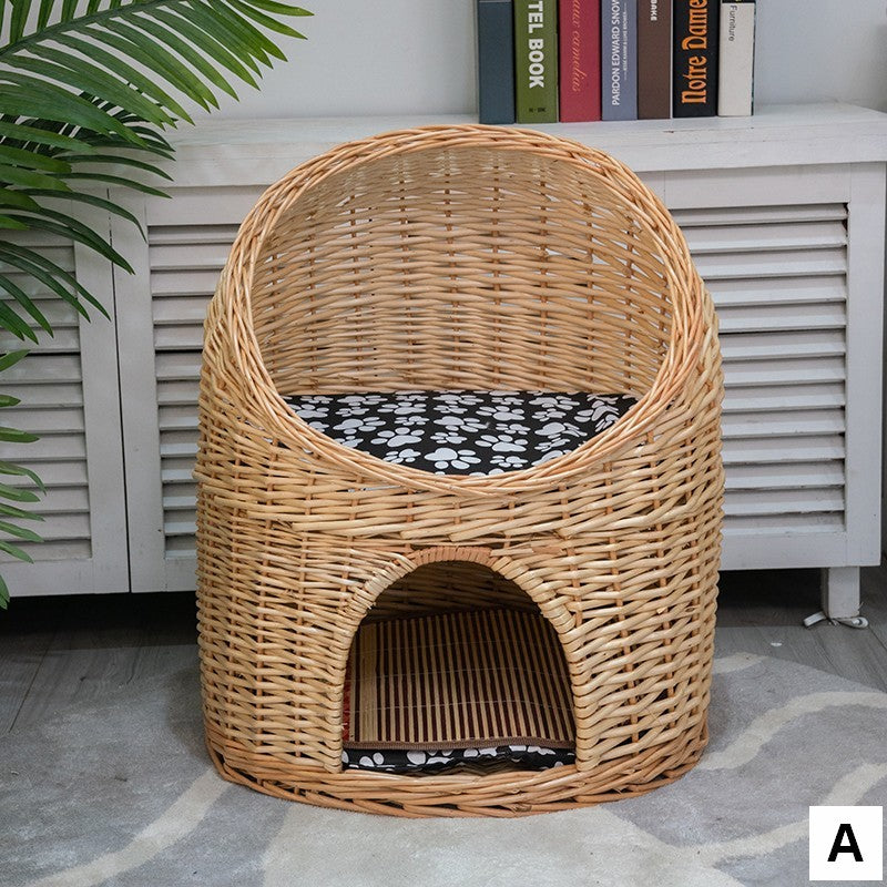 Large Cat House Basket with Washable Cushion for Indoor Cats and Dogs, Double-Layer Cat Bed-ArtWorkCrafts.com
