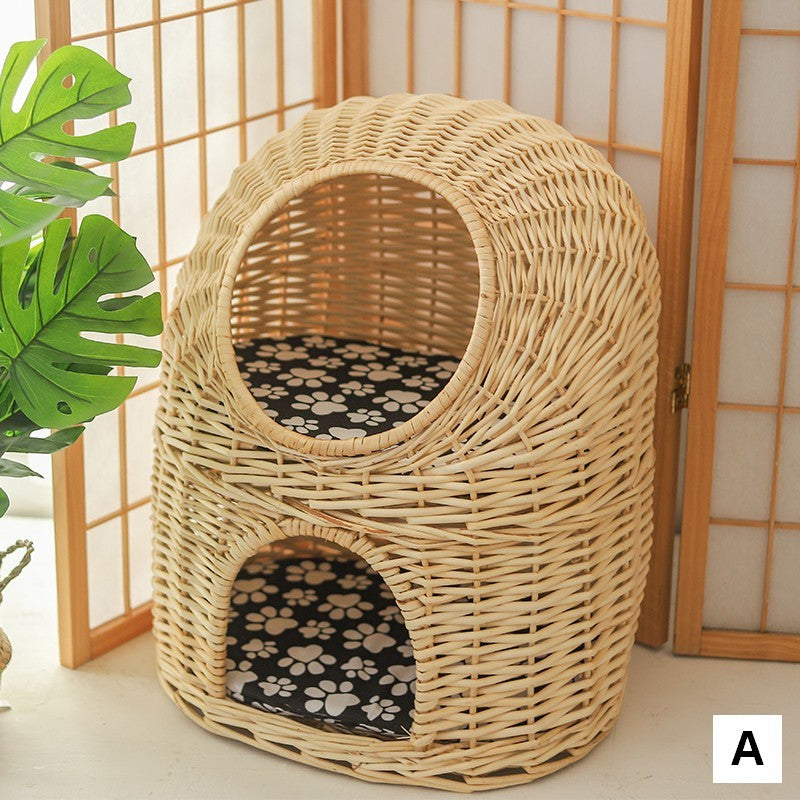 Large Double-Layer Cat Bed, Wicker Cat House Basket with Washable Cushion for Indoor Cats and Dogs-ArtWorkCrafts.com