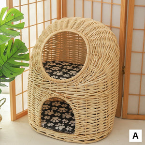 Large Double-Layer Cat Bed, Wicker Cat House Basket with Washable Cushion for Indoor Cats and Dogs-ArtWorkCrafts.com