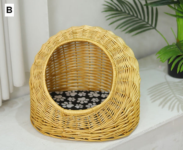 Natural Wicker Cat House Basket with Washable Cushion for Indoor Cats and Dogs, Rattan Cat Bed-ArtWorkCrafts.com